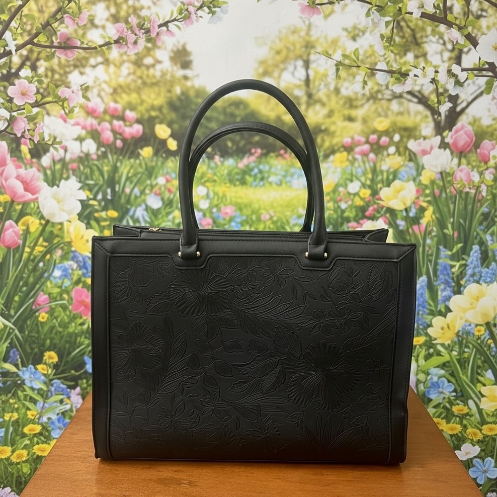 Floral Embossed Laptop Tote Bag Women Black Faux Leather Professional Work Chic